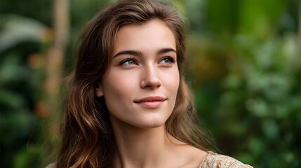 Fototapeta premium Serene young woman with freckles contemplates amidst lush garden greenery bathed in soft natural light