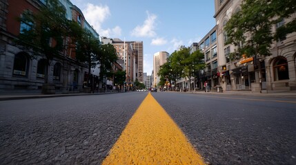 Fototapeta premium Low angle view down a city street with a central yellow line flanked by buildings and trees under a blue sky