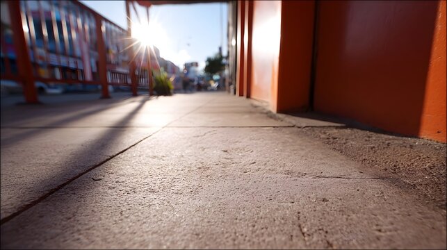 Ground level perspective of a sunlit urban sidewalk with a vibrant orange building facade and strong shadows