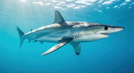 Fototapeta premium Powerful Mako Shark Swimming Gracefully Underwater in Deep Blue Ocean with Sunlight Rays