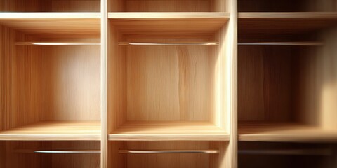 Fototapeta premium Empty wooden closet shelves with hanging rods, ready for organization and storage