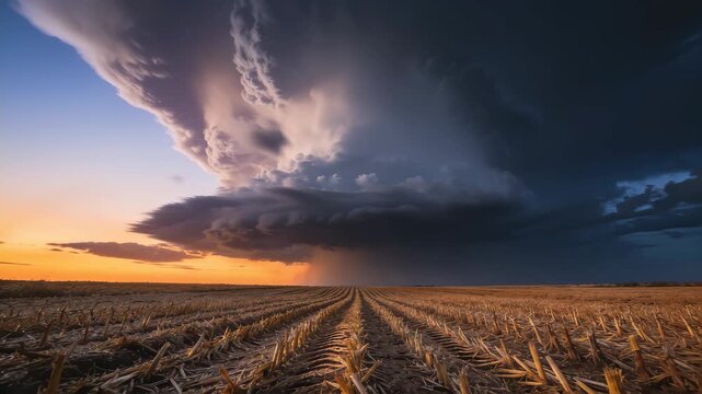 Twilight Timelapse of a Dramatic Storm Front Over a Harvested Stubble Field