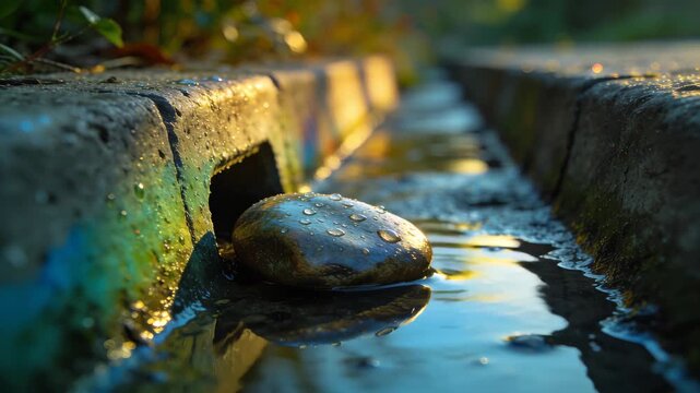 Intimate Morning Glimmers on a Polished Pebble in a Serene Saturated Drainage Trench