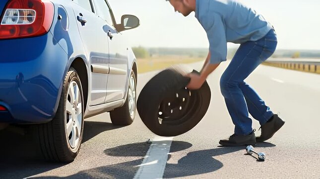Man changing a flat tire on the side of a highway roadside assistance automotive repair and vehicle maintenance concept with sunny daytime lighting