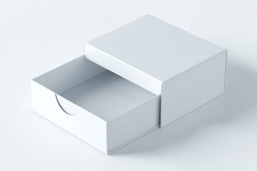 Naklejka premium Minimalist white drawer box partially open on a clean white background with soft shadow