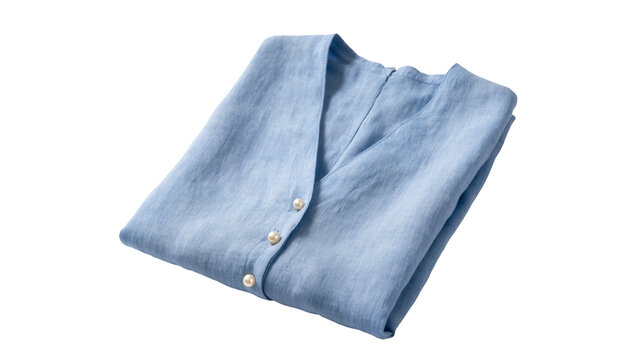 Isolated light blue linen blouse with v-neck and elegant pearl buttons, neatly folded garment.