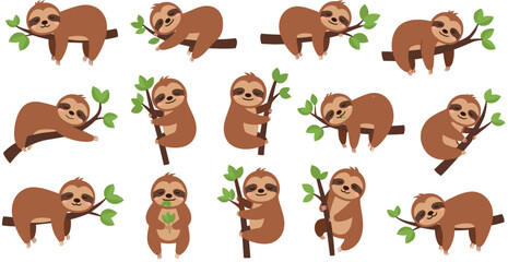 Fototapeta premium Cute sloth cartoon vector collection adorable lazy jungle animal characters hanging on tree branches wildlife illustration set