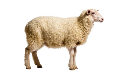 Isolated domestic sheep with thick wool standing in profile, livestock farm animal © Maelle