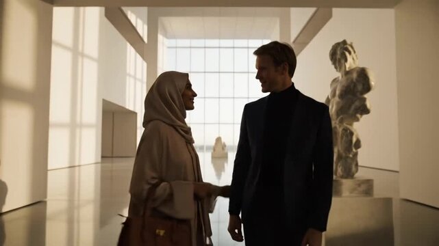 A man and a woman in modest attire walk through a brightly lit, modern museum gallery with a sculpture on display.