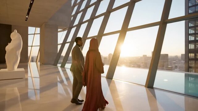 A man and a woman in modest attire walk through a modern art gallery with large windows and abstract sculptures bathed in warm sunlight.