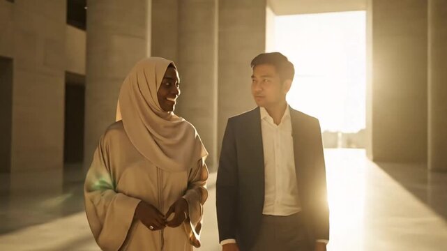 A man and a woman in modest attire walk through a sunlit, modern architectural space with large pillars and a contemporary sculpture.