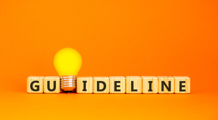 Guideline symbol. Concept word Guideline on beautiful wooden blocks. Beautiful orange background. Beautiful yellow light bulb. Business education guideline concept. Copy space.