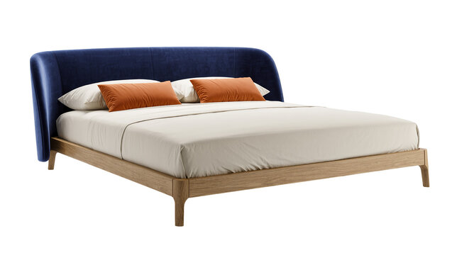 Isolated modern bedroom furniture with elegant blue upholstered headboard and wooden bed frame