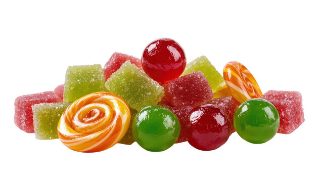 Isolated colorful assortment of delicious sugary candies, bright jelly sweets and lollipop mix