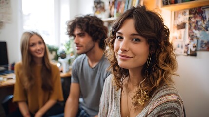 Obraz premium Three young friends smiling and interacting in a bright casual indoor setting