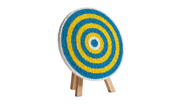 Isolated traditional archery target board with blue and yellow woven rings on a wooden stand