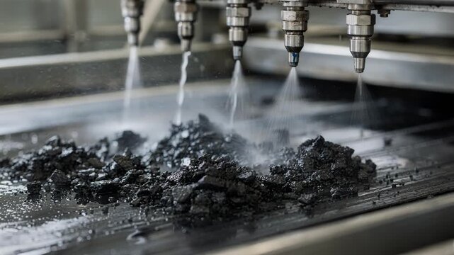 Medium shot focusing on spray nozzles targeting rubber crumbs on a wet conveyor belt illustrating precision water spray cleaning and the dynamic motion of coagulated rubber.