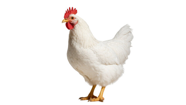Isolated white domestic chicken, a beautiful hen with bright red comb and wattle standing