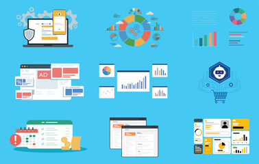 Digital Marketing Analytics, AI Technology and Business Dashboard &ndash; Online Advertising, Data Visualization and Automation Flat Vector Illustration Set