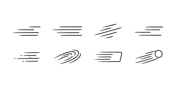 Collection of simple black speed lines and motion effects on a white background
