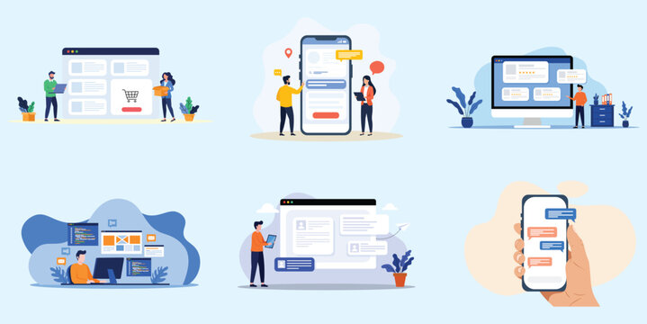 Mobile App, E-Commerce and Web Development Concept Set &ndash; Digital Technology Flat Vector Illustration Collection