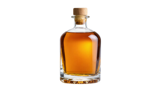 Isolated premium glass decanter bottle of golden amber liquor, alcoholic drink
