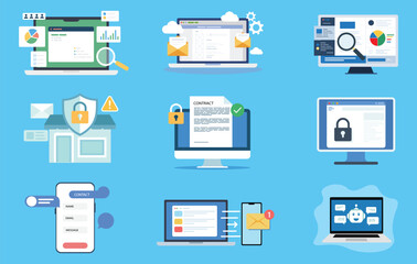 Fototapeta premium Cyber Security, Data Protection and Digital Communication – Online Privacy, Secure Contract and Messaging Flat Vector Illustration Set