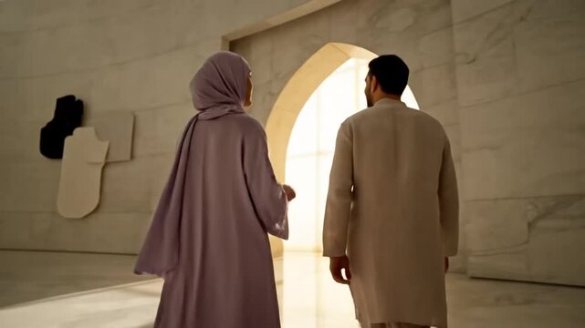 A man and woman in modest attire walk through a sunlit atrium with abstract sculptures on the wall.