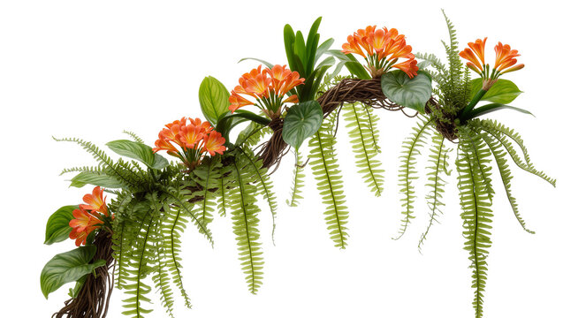 Isolated vibrant artificial clivia flowers and fern fronds arranged on a natural vine wreath