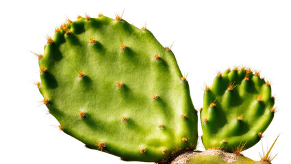 Isolated vibrant green prickly pear cactus pads with prominent spines and glochids, desert plant © Anneliese