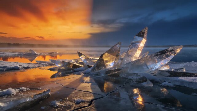 Evening Sunlight Dancing on Crystalline Lake Ice Shards