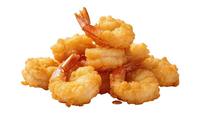 Isolated delicious crispy golden fried shrimp pile, classic seafood appetizer, tasty snack meal.