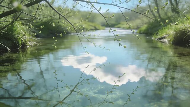 Tranquil Early Spring Brook Reflecting Slender Twigs Under Gentle Clouds