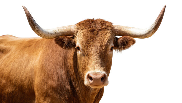 Isolated majestic Texas Longhorn steer with impressive large curved horns, powerful and robust animal