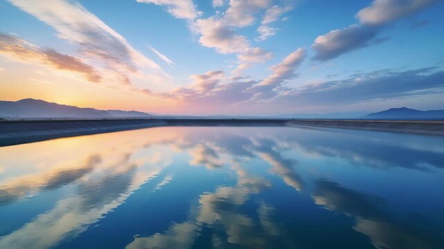 Timelapse of Reflection and Passing Clouds Over a Deep Blue Irrigation Reservoir at Dawn