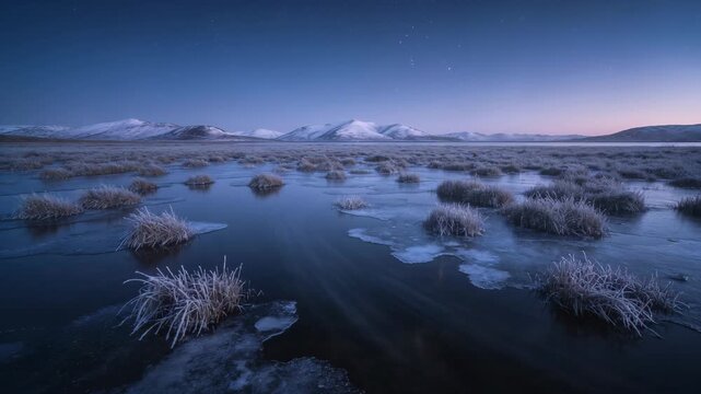Vast Blue Hour Panorama of an Isolated Flooded Meadow with Ice Patches