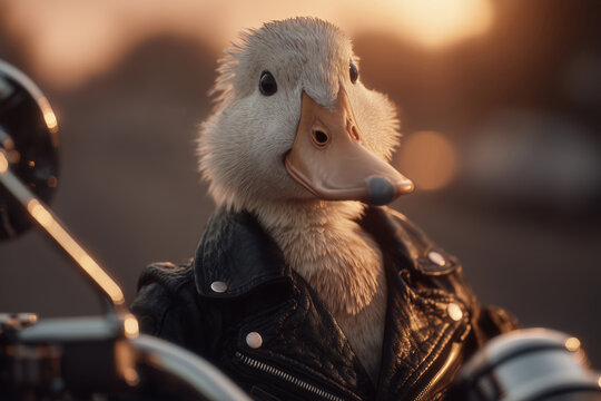 Conceptual photo of subculture identity and freedom: a charismatic anthropomorphic duck in a leather biker jacket. Metaphor for rebellion, individualism and the open road spirit