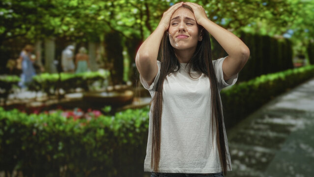 Teenage girl holding head with hands on forehead, white t shirt, standing on street walkway beside park hedges and fountain; overwhelm distress.