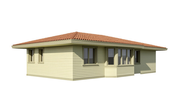 Isolated suburban house with beige siding and terracotta tile roof, ideal for architectural design