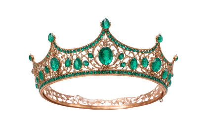 Isolated ornate gold crown adorned with dazzling emerald gemstones, luxury royal jewelry © Anneliese