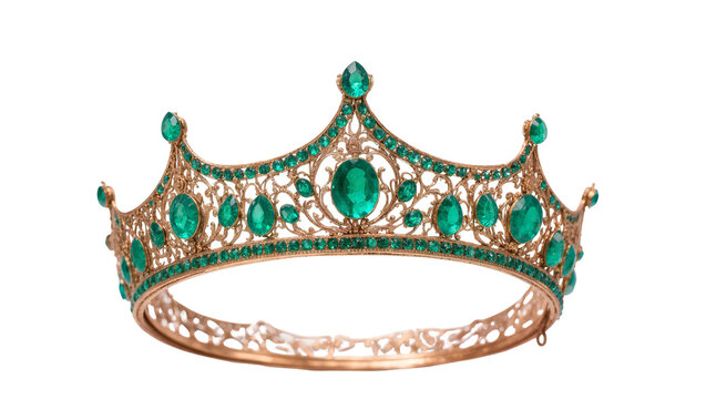 Isolated ornate gold crown adorned with dazzling emerald gemstones, luxury royal jewelry