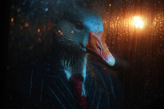 Conceptual metaphor for organized crime and power: an imposing goose as a 1920s mobster in a rainy noir setting. Dramatic low-angle shot reflecting authority and menace