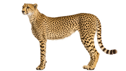 Isolated magnificent cheetah standing in a graceful side profile, showcasing its iconic spotted fur. © Anneliese