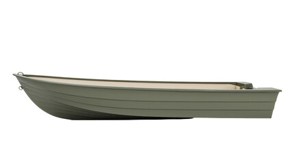 Isolated small empty olive green aluminum flat bottom fishing boat presented in a side profile © Aino