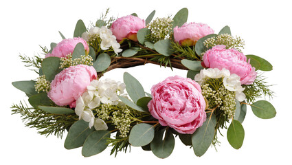 Isolated decorative floral wreath with elegant pink peonies eucalyptus and white hydrangea © Anneliese