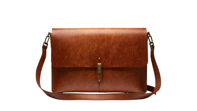 Isolated elegant brown leather messenger bag with front flap closure and adjustable strap