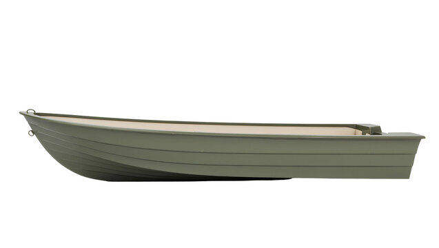 Isolated small empty olive green aluminum flat bottom fishing boat presented in a side profile
