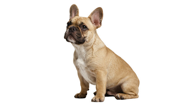 Isolated adorable fawn French Bulldog puppy sitting attentively with perked ears