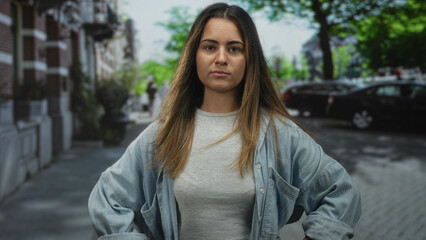 Fototapeta premium Woman in denim shirt standing with hands on hips on a city street near parked cars and trees, neutral expression; confidence independence.