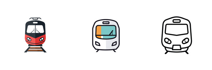 Railway train icon, flat vector graphic, minimal front view locomotive design, clean transport style, white background. © nikaka